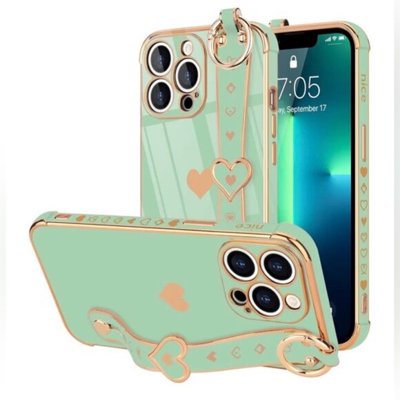 Apple Accessories - iPhone 13 Pro Mint Green & Gold Heart Phone Case with stand and ring attachments